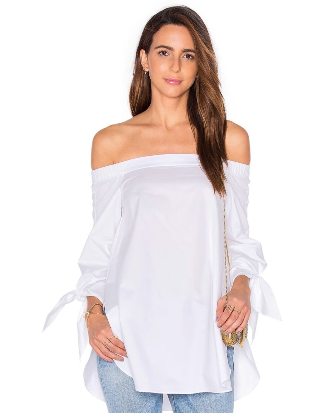 Tibi Satin Off The Shoulder Tunic Top Womens 0 White Cotton Poplin Tie Sleeves